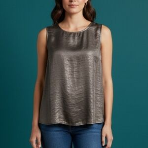 VTG ERENA Gunmetal Silver Metallic Sleeveless Satin Shell Blouse